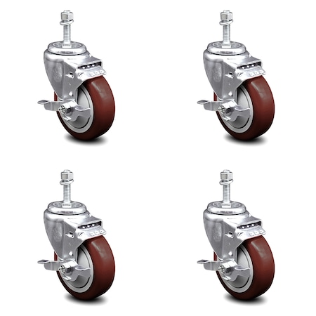Service Caster 4 Inch Maroon Polyurethane Swivel 10mm Threaded Stem Caster Set with Brake SCC-TS20S414-PPUB-MRN-TLB-M1015-4